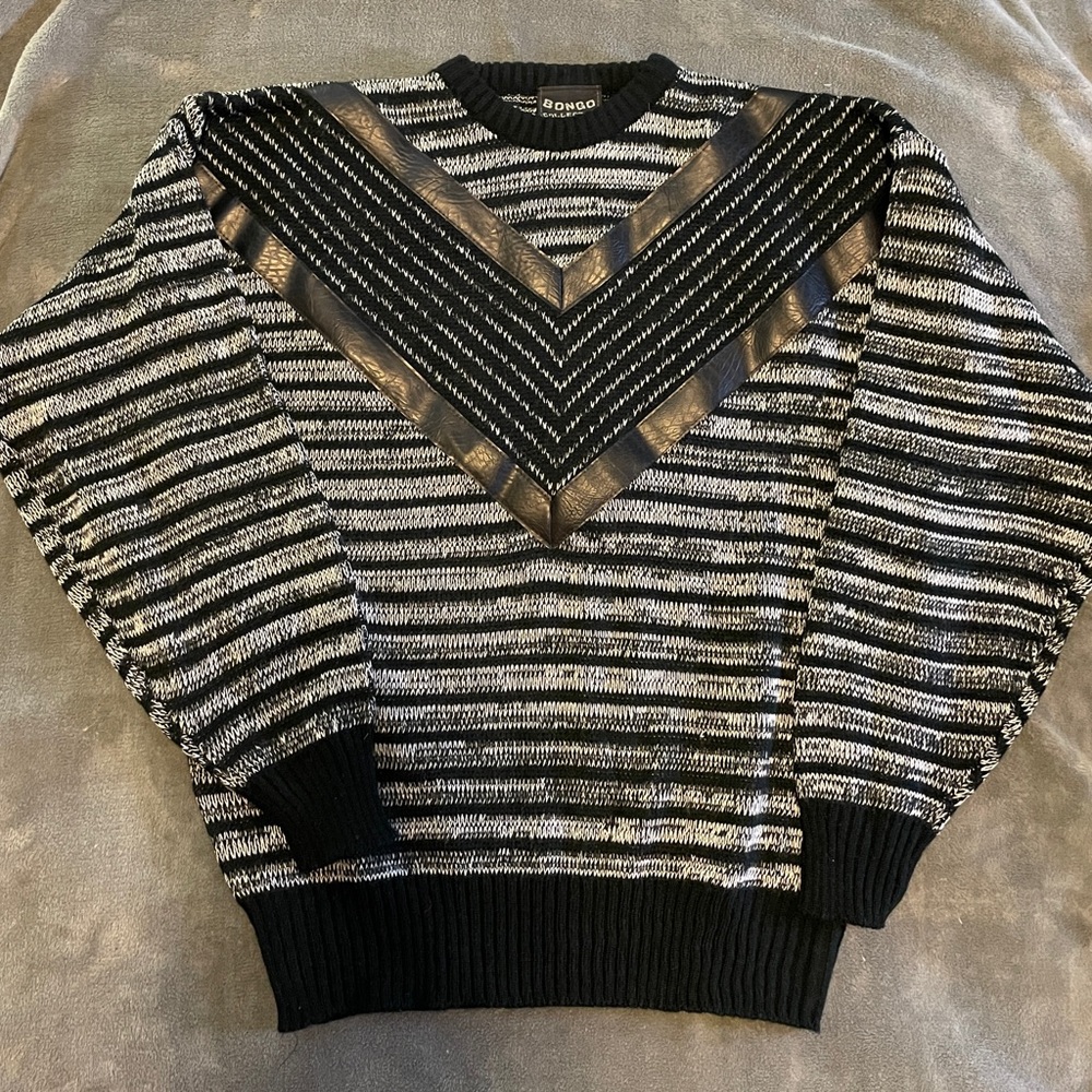 BONGO Black and Gray Crewneck Sweater with Bold Stripes and Leatherette Trim